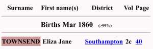 Eliza Jane Townsend 1860 birth index