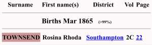 Rosina Rhoda Townsend 1865 Birth index
