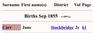 Jane Carr Birth Index