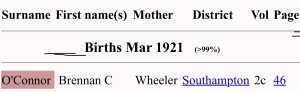 Brennan Cornelius O'Connor Birth Index