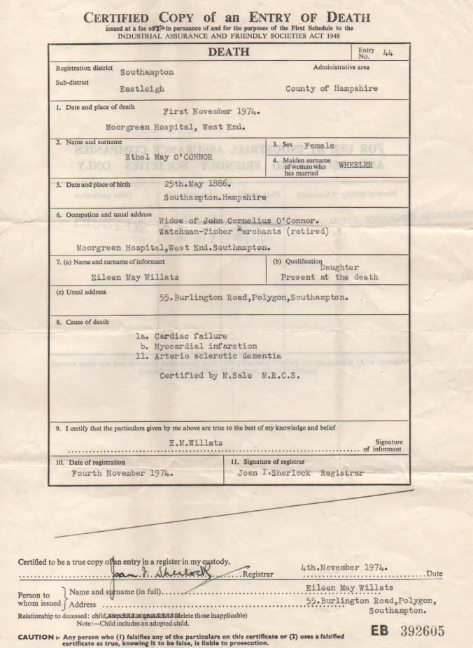 Ethel May Wheeler Death Certificate