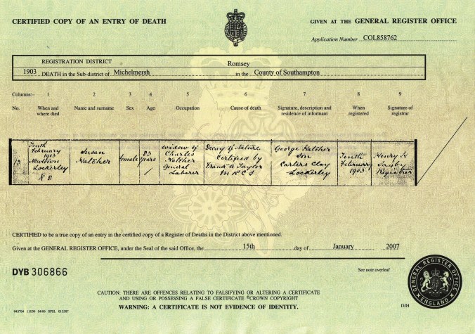 Susan Hatcher nee Luke Death Certificate