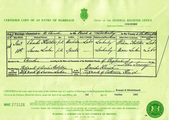 Susan Luke and Charles Hatcher Marriage Certificate