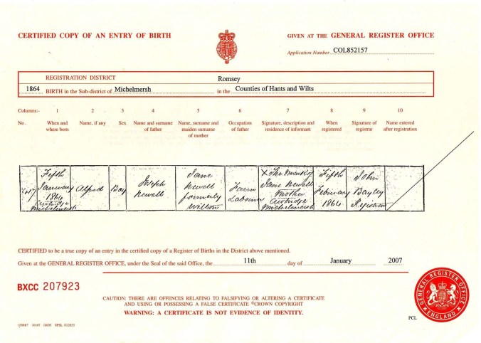 Alfred newell Birth Cert