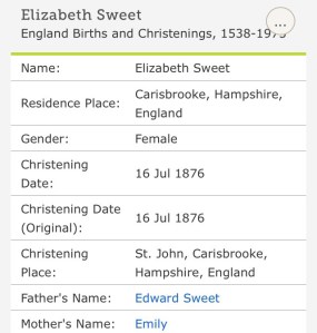 Elizabeth Sweet, Christening