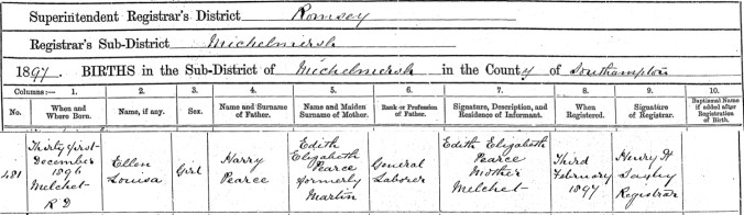 Ellen Louisa Pearce Birth Certificate