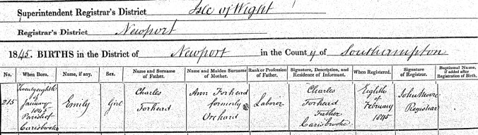 Emily Forhead, Birth Certificate