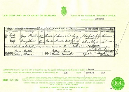 George Hatcher and Fanny Pearce Marriage Certificate
