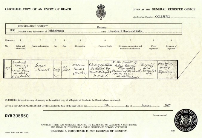 Joseph Newell 1891 Death Cerificate