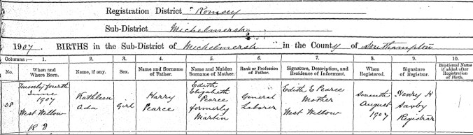 Kathleen Ada Pearce Birth Cert