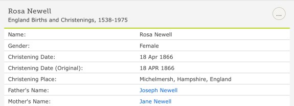 Rose Newell, Christening