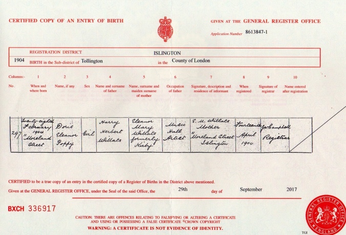 Doris Willats, Birth Certificate