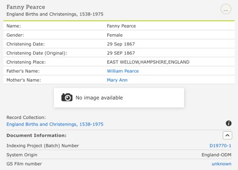 Fanny Pearce Christening