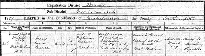 Mary Ann Pearce Nee Pointer Death Certicate.