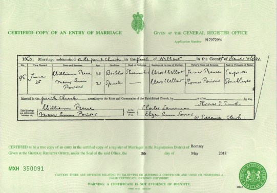 William Pearce And Marry Ann Pointer, Marriage Certificate