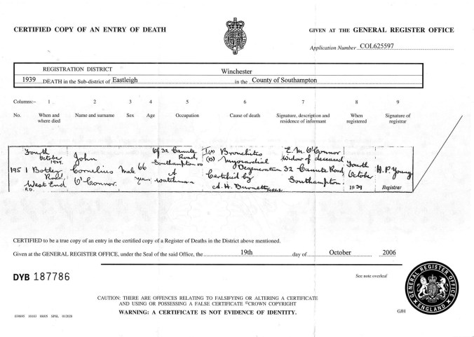 John O'connor Death Cert