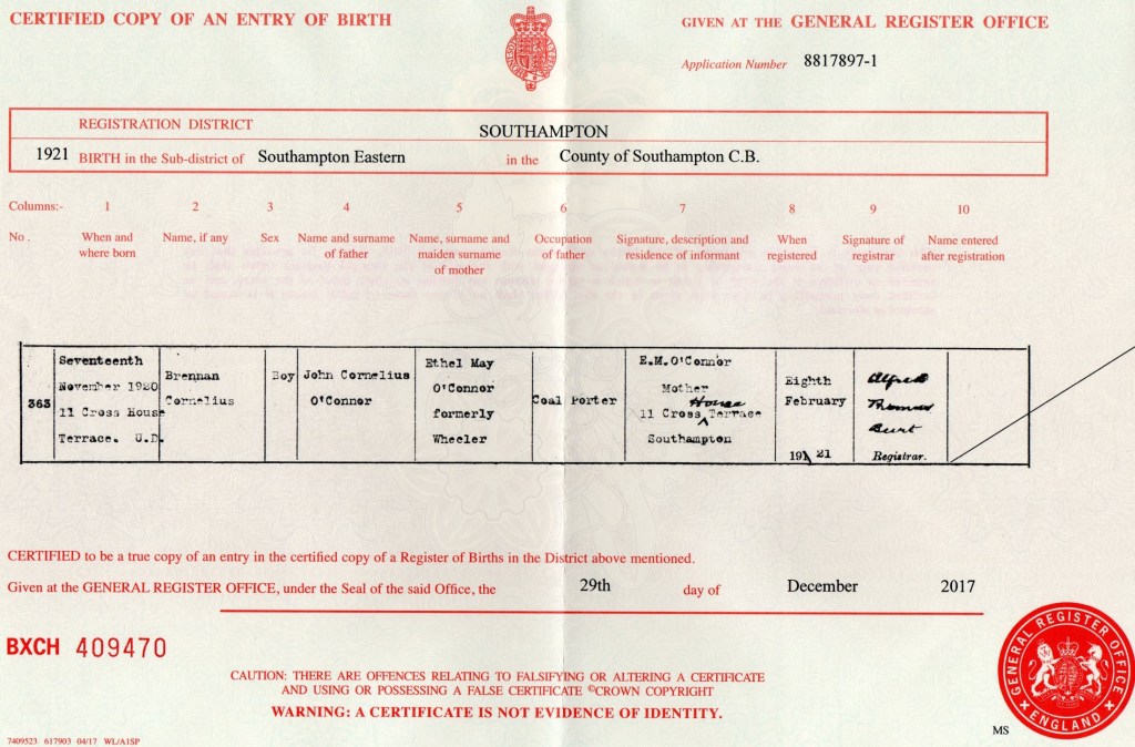 Brennan O'Connor Birth cert