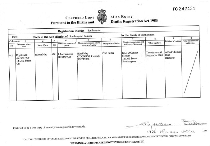 Eileen may O'Connor Birth Cert